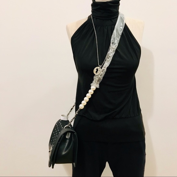 Badgley Mishka black denim, vegan leather adorned with square metal nails bag. - Picture 13 of 15